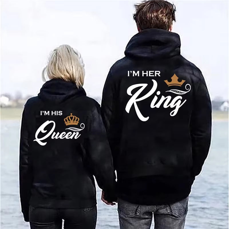 Printing Her King or His Queen Lover Hoodies Harajuku Fashion Casual Womens Men Clothing Lovers Sweatshirt Couple Hoodies