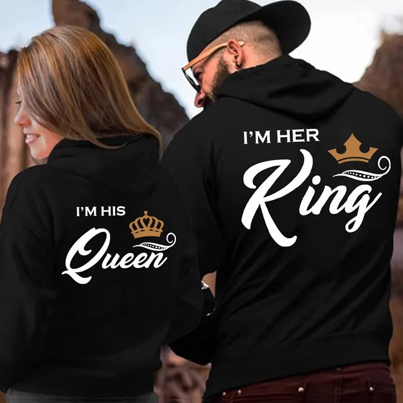 Printing Her King or His Queen Lover Hoodies Harajuku Fashion Casual Womens Men Clothing Lovers Sweatshirt Couple Hoodies