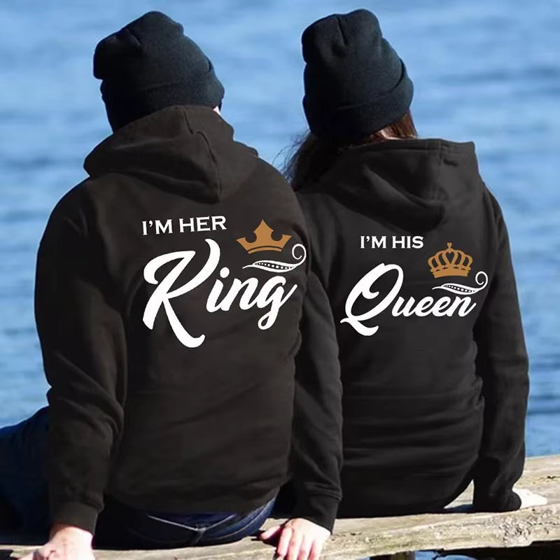 Printing Her King or His Queen Lover Hoodies Harajuku Fashion Casual Womens Men Clothing Lovers Sweatshirt Couple Hoodies